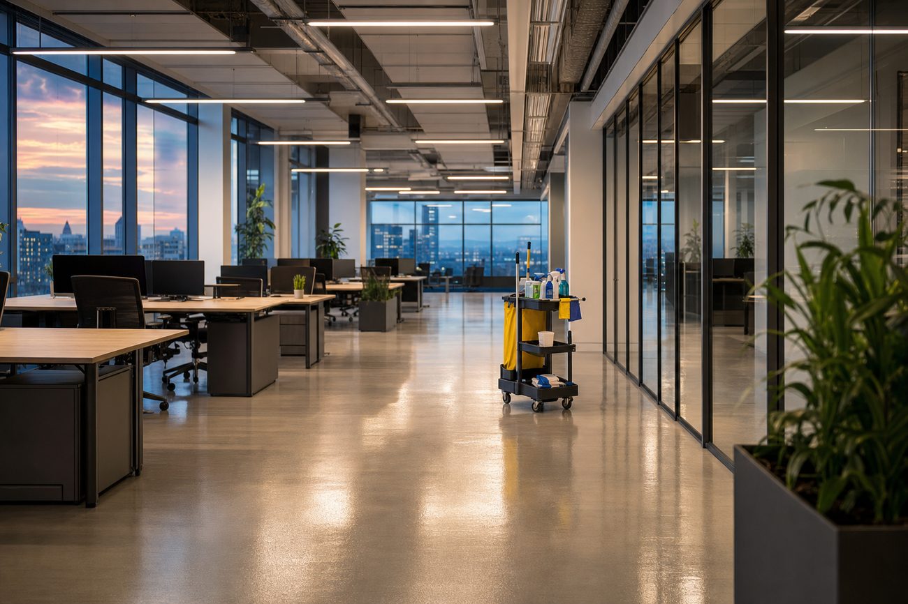 Clean open-plan office with polished floors after a commercial cleaning