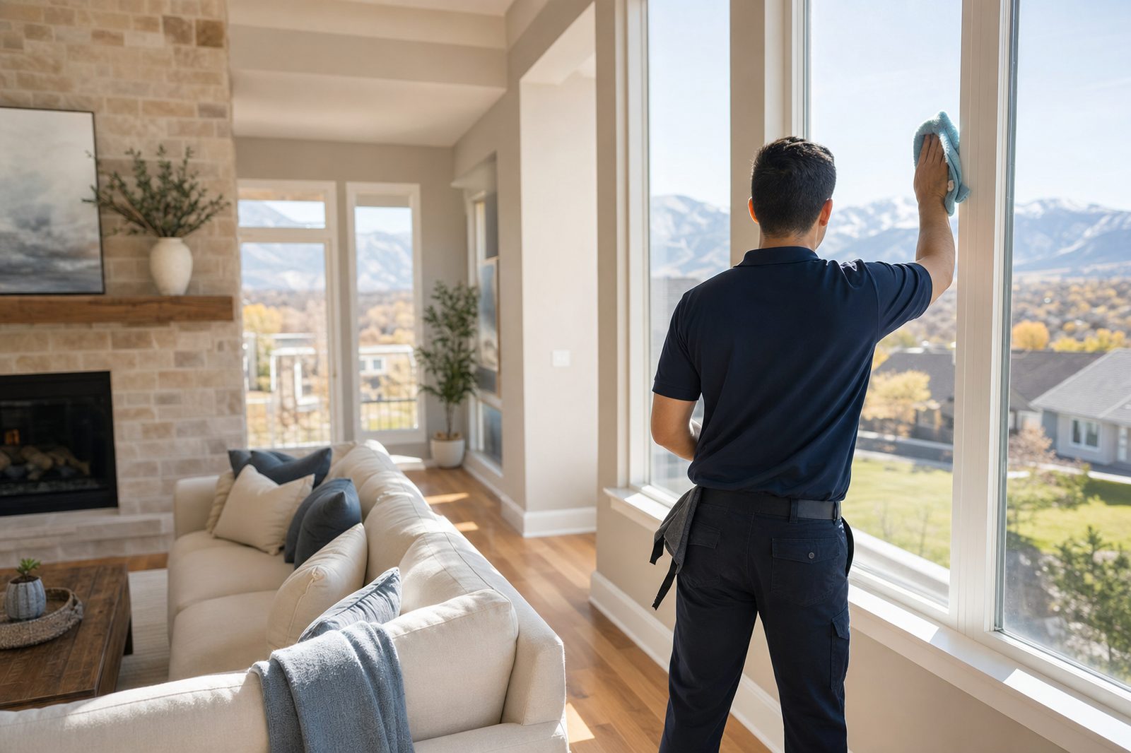 A cleaner wiping a large window in a bright, spotless Colorado living room