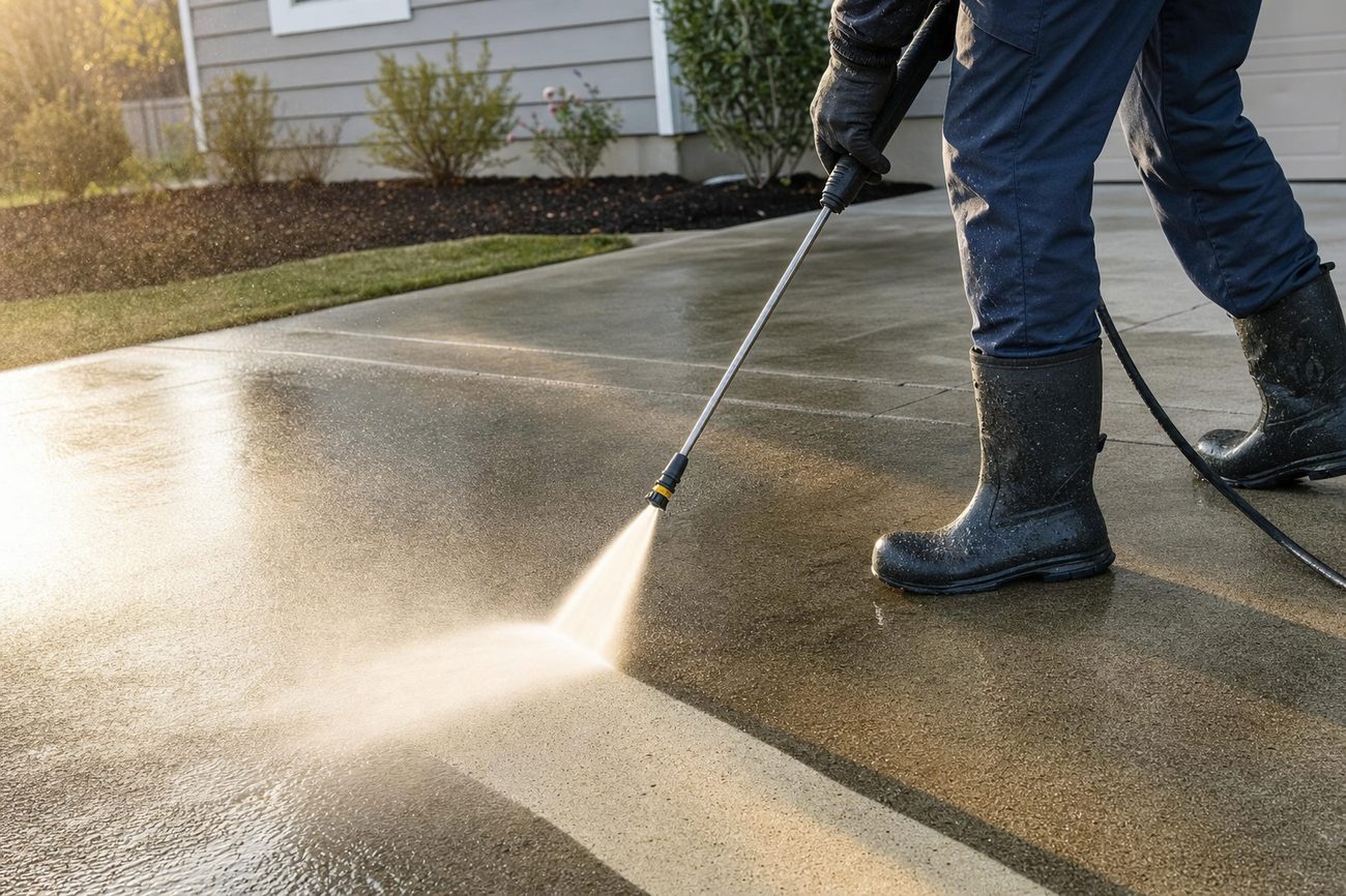 Pressure washer revealing clean concrete on a driveway