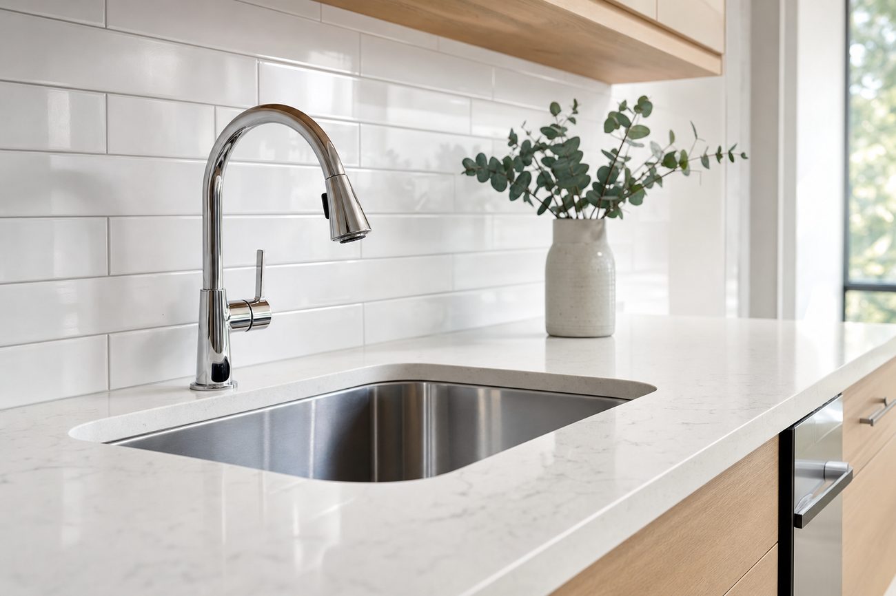 Spotless kitchen counter and sink after a residential cleaning